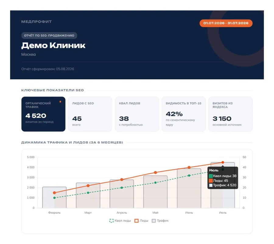 Шапка отчёта, ключевые показатели SEO и график динамики трафика и лидов